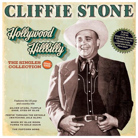 Schriftzug: "CLIFFIE STONE", "Hollywood Hillbilly". Darunter ein Mann in Cowboykleidung lächelnd, Hände am Gürtel.