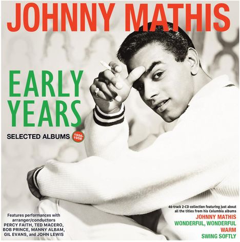 „Johnny Mathis, Early Years, Selected Albums 1956-1958.“ Schwarz-weißes Foto eines Mannes in einem weißen Pullover.