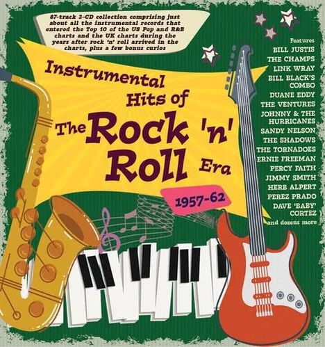 "Instrumental Hits of The Rock 'n' Roll Era 1957-62" in gelber Schrift. Saxophon, Gitarre und Klavier im Hintergrund.