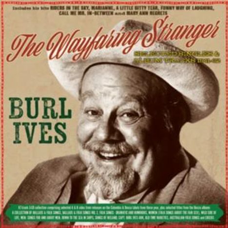 "The Wayfaring Stranger" in roter Schrift, "Burl Ives" in grün. Fröhlicher älterer Mann mit Hut. Vintage-Stil.