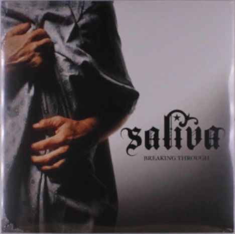 Text: "Saliva" "Breaking Through". Bild: Ein Mensch hält einen Stoff, nur ein Teil des Körpers sichtbar.
