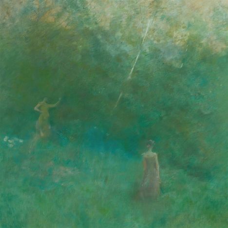Gemälde: Zwei schemenhafte Frauenfiguren in einem nebligen, grünen Wald. Die Szene wirkt ruhig und träumerisch.