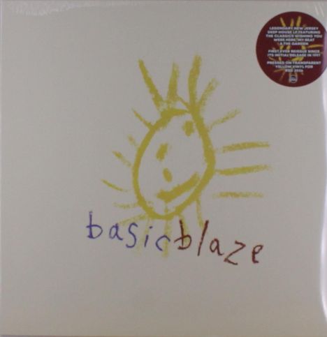 Text: „basic blaze“. Gelbe, kinderhafte Sonnenzeichnung mit einem lächelnden Gesicht. Oben rechts ein runder Aufkleber.