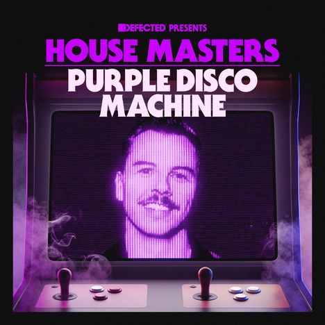 "Defected presents House Masters Purple Disco Machine" in lila Schrift über einem Retro-Arcade-Spiel mit Bild eines Mannes.