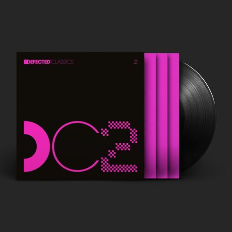 „DEFECTED CLASSICS 2“ in magenta auf schwarzem Hintergrund, ein stilisiertes Cover und eine Vinyl-Schallplatte.