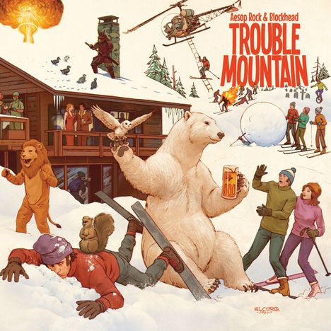 "Aesop Rock & Blockhead Trouble Mountain" oben rechts. Illustration: Polarbär mit Eule, Menschen beim Skifahren, Hubschrauber.