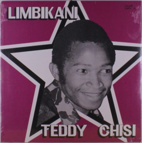Text: "LIMBIKANI" und "TEDDY CHISI". Schwarz-weißes Porträt eines Mannes in einem großen Stern auf rosa Hintergrund.