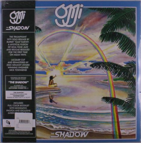 OMJI. THE SHADOW. Lacquer cut and remastered by 2023 Grammy Award winning engineer Nick Townsend. Illustration: eine Figur sitzt am Strand mit Regenbogen.