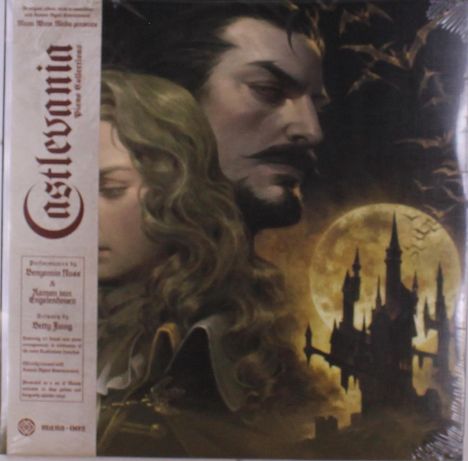 "Castlevania" in gotischer Schrift. Zwei Personen mit ernsten Gesichtern, Vollmond und düstere Burg mit Fledermäusen im Hintergrund.