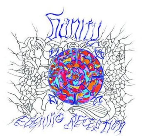 "Evening Reception" in blauer Schrift, stilisierte Pflanzen, ein kreisförmiges Muster in Rot und Blau.