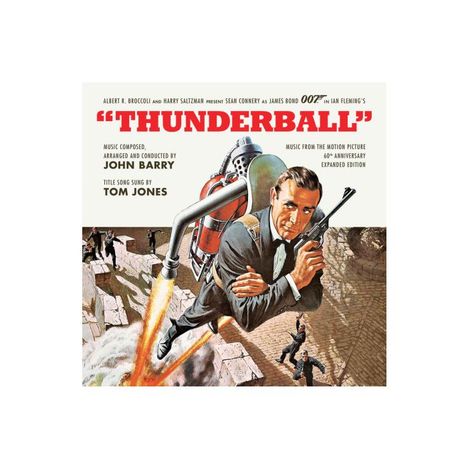 "THUNDERBALL" in großen roten Buchstaben. Illustration: Ein Mann im Anzug mit Jetpack, hält eine Pistole, fliegt über eine Szene.