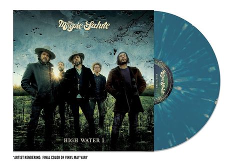 Text "The Magpie Salute", "High Water I". Fünf Menschen in Naturumgebung, blaue Vinyl-Schallplatte sichtbar.