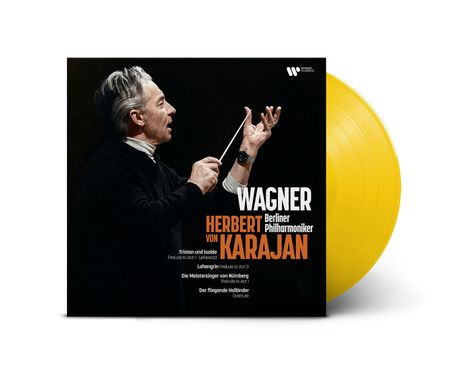 "WAGNER," "HERBERT VON KARAJAN," "Berliner Philharmoniker." Mann dirigiert. Gelbe Vinyl-Schallplatte.
