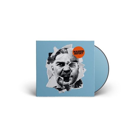 "MASSEN DEFEKT" auf orangefarbenem Kreis; zerrissenes Foto eines schreienden Gesichts, blauer Hintergrund, CD-Hülle.