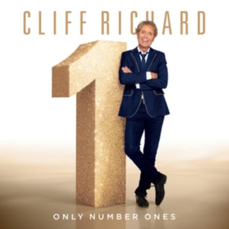 Text: "CLIFF RICHARD", "ONLY NUMBER ONES". Eine Person lehnt an einer großen, goldenen Zahl 1.