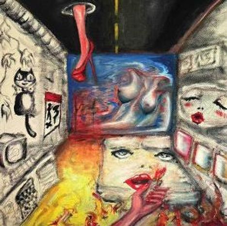 23, 13, 43. Surrealistische Illustration: Katzenbild und Porträts an Wänden, ein roter Schuh, Flammen, großes Gesicht.