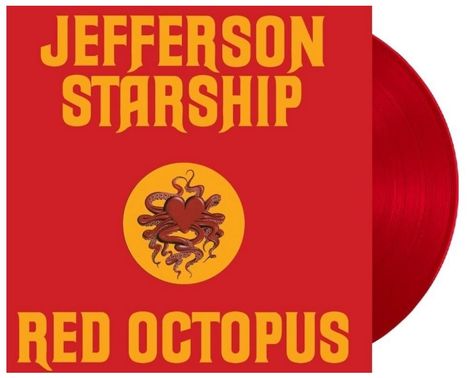 "JEFFERSON STARSHIP" und "RED OCTOPUS" in Gelb auf Rot, mittig Herz mit Tintenfischarmen im Kreis.