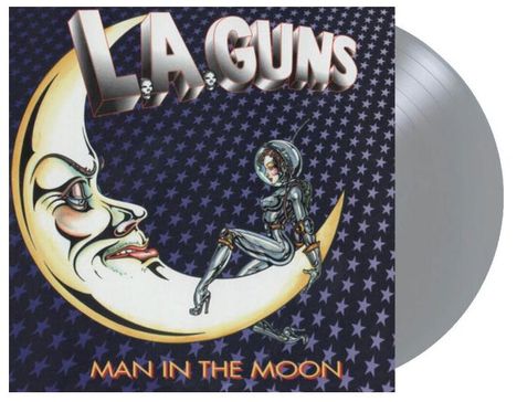 "LA GUNS", "MAN IN THE MOON". Eine Frau in Astronautenanzug sitzt auf einer lächelnden Mondsichel, umgeben von Sternen.