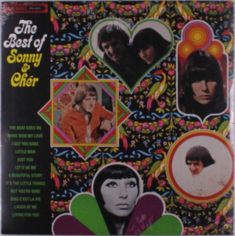 "Best of Sonny & Chér" steht groß. Songs: "The Beat Goes On", "What Now My Love", "I Got You Babe". Buntes Design mit Fotos.