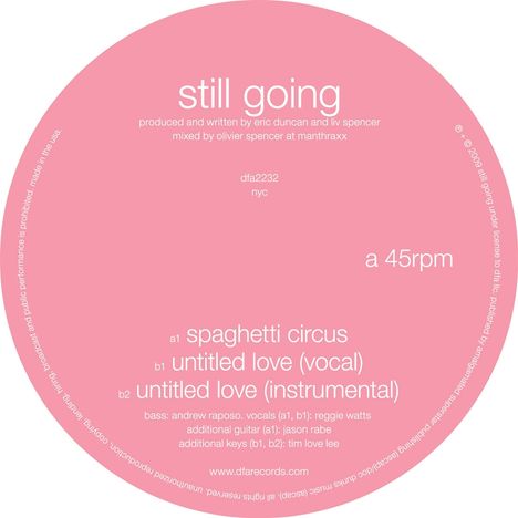 Runder, pinker Vinyl-Aufkleber mit den Texten: "still going", "a 45rpm", "spaghetti circus", "untitled love (vocal)", "untitled love (instrumental)".