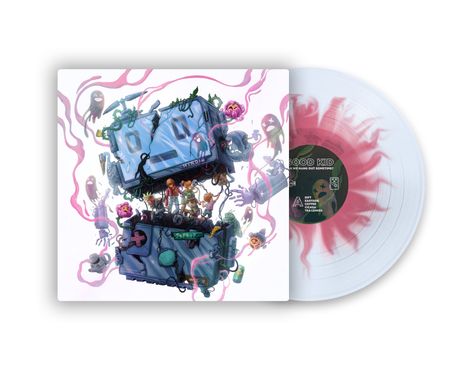 "Good Kid, When We Hang Out?; EASTSIDE, COFFEE, CACAO, TEA LEAVES." Illustration eines zerbrochenen blauen Geräts mit Figuren.