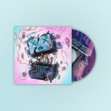 Text: "GOOD KID: INDOORS OUT SOMETIMES."
Illustration: Menschen auf Gaming-Elementen, bunte Geister rundherum.