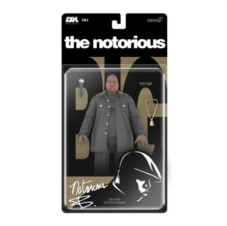 „the notorious B.I.G.“ und „NOTORIOUS“ oben und unten. Actionfigur mit Hutabbildung und Zubehör sichtbar. Deluxe Action Figure.