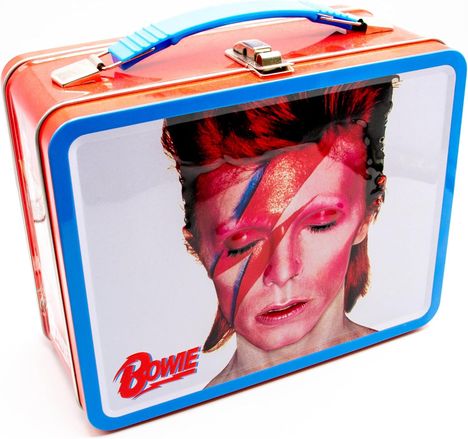 Text: "Bowie". Bunte Lunchbox mit einem auffälligen, bemalten Gesicht in rot und blau.