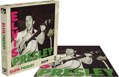 "Elvis Presley" steht in großen Buchstaben auf einer Puzzlebox. Ein Mann spielt Gitarre und singt leidenschaftlich.