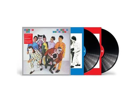 Das Bild zeigt das Album "Split Enz - Second Thoughts." Sieben Personen in bunten Kostümen, zwei Schallplatten daneben.