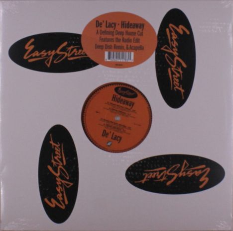 De' Lacy - Hideaway. Deep House Album. "Easy Street" Logos in schwarz-orange auf weißem Hintergrund.