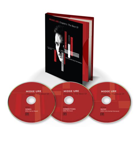 Text: "MIDGE URE Chapters: The Best Of" auf Buch und CDs. Buch zeigt Gesicht, CDs betitelt: SONGS, CONNECTIONS, MUSIC.