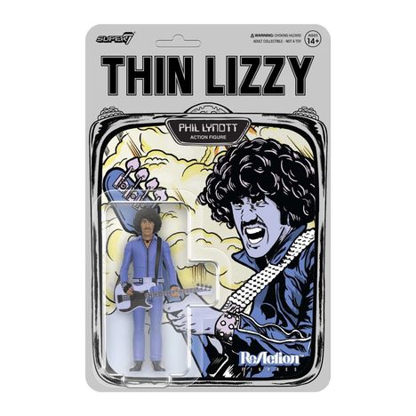 "THIN LIZZY" oben, "Phil Lynott Action Figure" Schild, Illustration eines rockenden Musikers mit lockigem Haar und Gitarre.