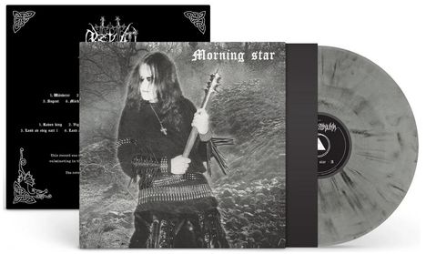 "Morning star", Liste von Titeln, schwarz-weißes Cover, düstere Person mit Gitarre, grauer Vinyl.