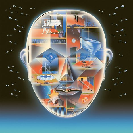 Illustration eines Gesichts mit surrealen, kubistischen Szenen in warmen Farben. Augen verteilen sich um das Gesicht herum.