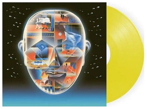 Ein Gesicht mit geometrischen Formen und Szenen aus Straßenkultur, daneben eine gelbe Schallplatte.