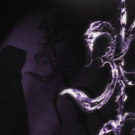 Leuchtende, silberne geschwungene Formen auf dunklem, violettem Hintergrund. Kunstvolle, abstrakte Darstellung.