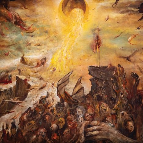 Illustration einer apokalyptischen Szene mit fliegenden Kreaturen, vielen Gesichtsausdrücken, und einem strahlenden Himmelslicht.