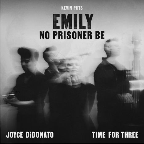 "Kevin Puts, Emily, No Prisoner Be" oben, "Joyce DiDonato, Time for Three" unten. Verschwommene Gestalten in Schwarz-Weiß.