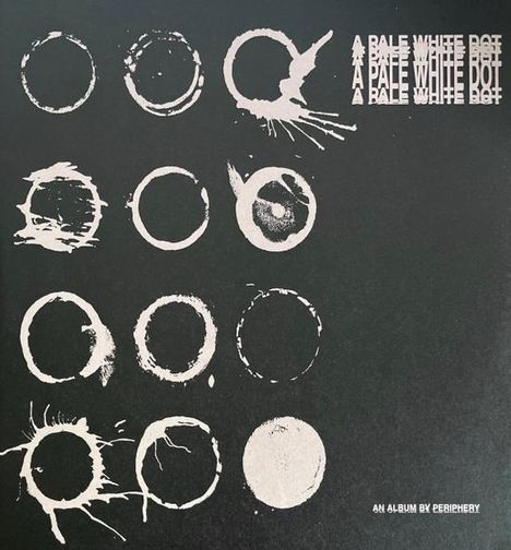 "A Pale White Dot" mehrmals oben rechts, abstrakte runde Formen in ungleichmäßigen Reihen auf schwarzem Hintergrund.