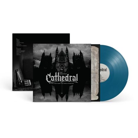 "John Carpenter's Cathedral" steht in gotischer Schrift. Die Schallplatte ist blau. Eine große Kathedrale ist abgebildet.