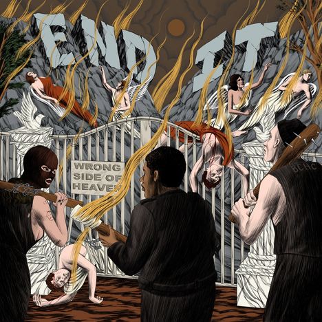 Text "END IT" und "WRONG SIDE OF HEAVEN". Dramatische Szene, Engel und Figuren mit Schlägern vor Tor. Feuer und Flammen. Illustration.