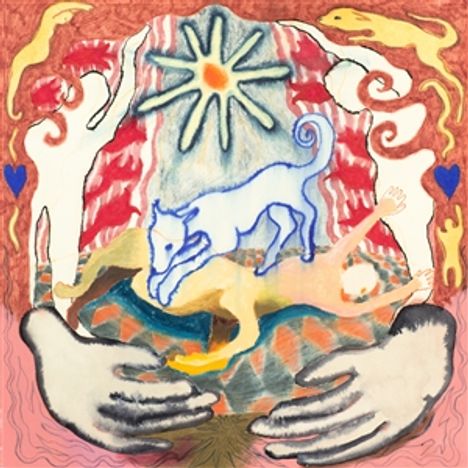 Zentrale blaue Kontur eines Hundes, bunte Figuren umgeben ihn. Oben ein stilisierter Stern. Hände unten fangen die Szene ein.