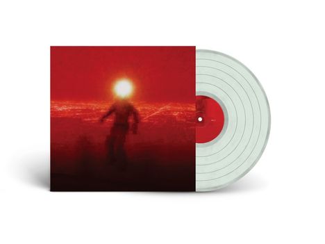 Auf einem roten Hintergrund ist ein undeutlicher Mensch mit leuchtendem Kopf. Eine Vinyl-Platte ist teilweise sichtbar.