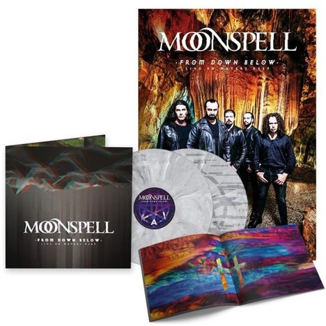 MOONSPELL, FROM DOWN BELOW. Albumcover mit Bandfoto in Höhle, bunte Vinylplatte, Booklet und Schallplattenhülle.