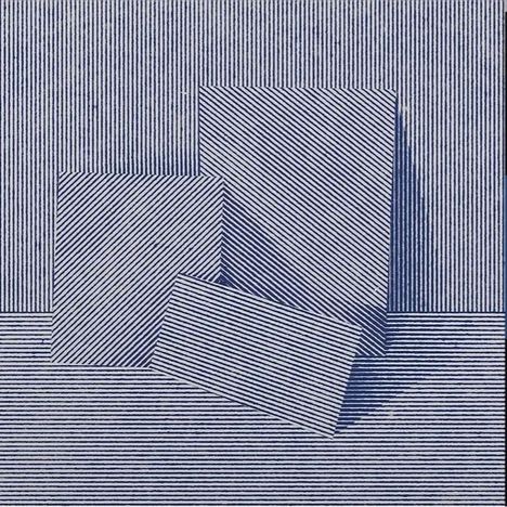 Keine erkennbaren Texte. Drei sich überlappende Rechtecke mit diagonalen Linien vor gestreiftem Hintergrund.