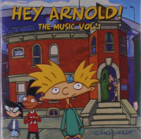 "HEY ARNOLD! THE MUSIC, VOL. 1" steht oben. Cartoon mit Jungen vor einem roten Backsteingebäude.