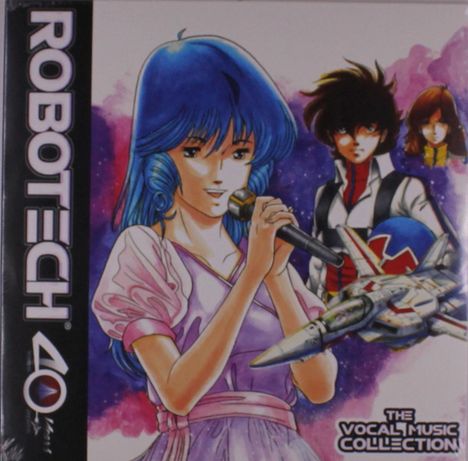 "Robotech" und "The Vocal Music Collection" stehen auf einem bunten Anime-Cover mit blauhaariger Frau am Mikrofon und Raumschiff.