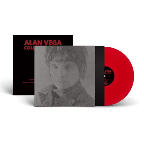 "ALAN VEGA COLLECTION" zeigt ein Porträt und eine rote Vinyl-Schallplatte. Das Design wirkt retro und minimalistisch.