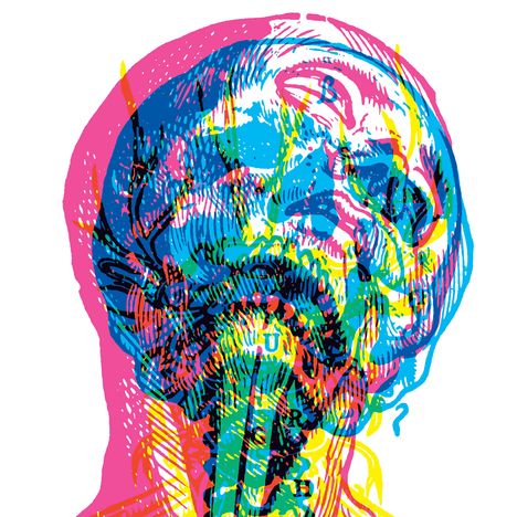 Bunte Illustration eines Schädels mit überschneidenden Buchstaben A, B, U und R. Lebhafte Farben und abstrakte Muster.